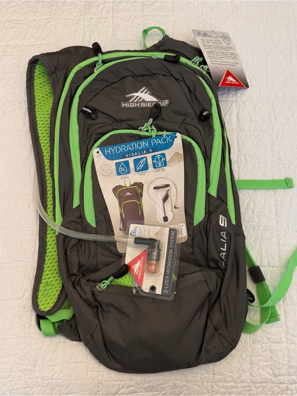 High Sierra Visalia 9 Hydration Pack Backpack Grey with Lime Green Trim
